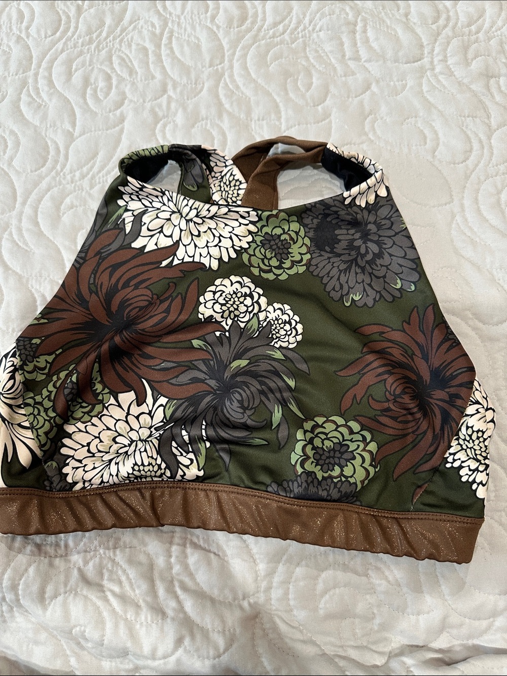 JoyLab Floral High-Neck Sports Bra in Olive, Brown, Cream & Black